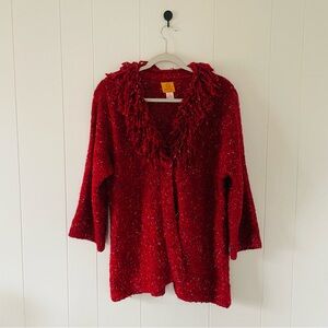 Ruby Rd. Vibrant Red Fringed Cardigan